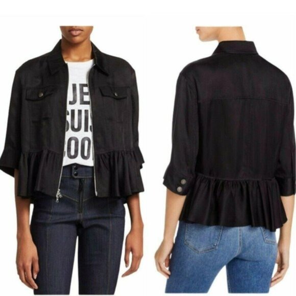 Cinq à Sept Helene Peplum Jacket Black S Cupro Zip Front - Picture 1 of 8